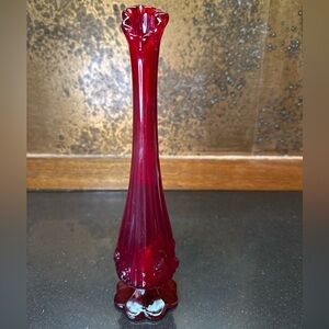 Fenton Ruby Red Rose Swung Bud Vase 10.5” Glows